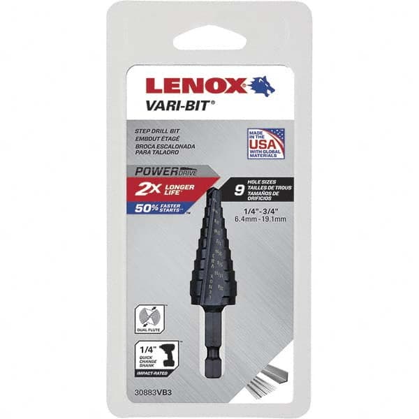 Lenox 30883VB3 Step Drill Bits: 1/4" to 3/4" Hole Dia, 3/8" Shank Dia, High Speed Steel, 9 Hole Sizes 