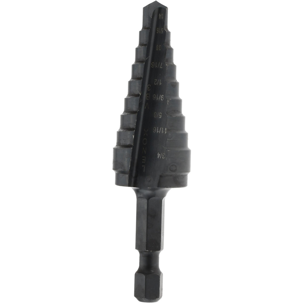 Step Drill Bit: 1/4" Min, 3/4" Max, 3/8" Shank Dia, High-Speed Steel, 9 Hole Sizes - 1/16" Step Length, Oxide Finish, Round with Flats Shank