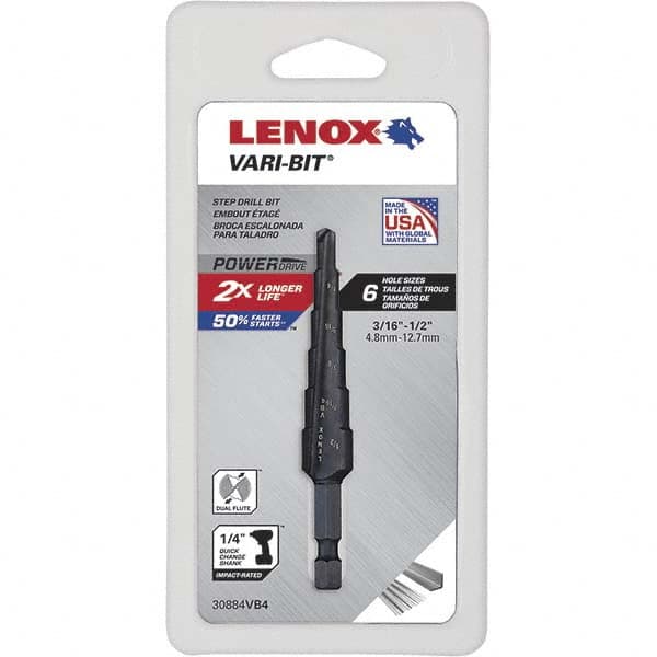Lenox 30884VB4 Step Drill Bits: 3/16" to 1/2" Hole Dia, 1/4" Shank Dia, High Speed Steel, 6 Hole Sizes 