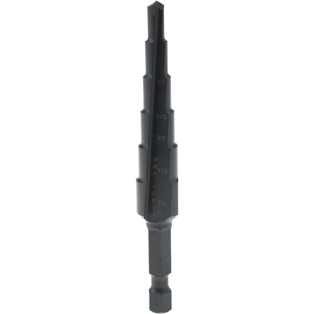 Step Drill Bit: 3/16" Min, 1/2" Max, 1/4" Shank Dia, High-Speed Steel, 6 Hole Sizes - 3/16" Step Length, Oxide Finish, Round with Flats Shank
