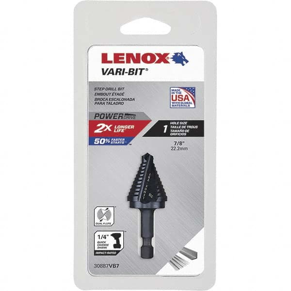 Lenox 30887VB7 Step Drill Bits: 7/8" to 7/8" Hole Dia, 3/8" Shank Dia, High Speed Steel, 1 Hole Sizes 
