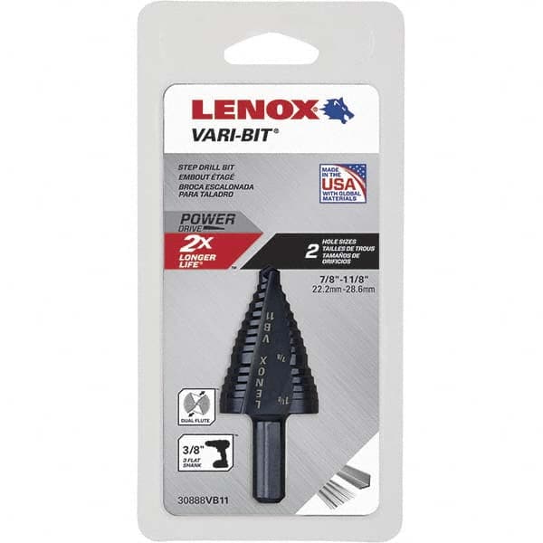 Lenox 30888VB11 Step Drill Bits: 7/8" to 1-1/8" Hole Dia, 3/8" Shank Dia, High Speed Steel, 2 Hole Sizes 