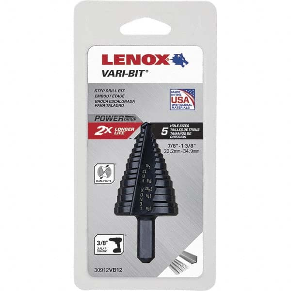 Lenox 30912VB12 Step Drill Bits: 7/8" to 1-3/8" Hole Dia, 3/8" Shank Dia, High Speed Steel, 5 Hole Sizes 