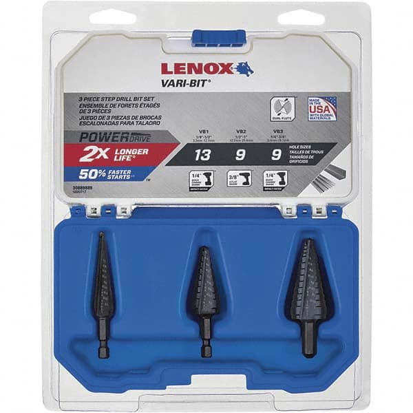 Lenox 30889889 Drill Bit Set: Step Drill Bits, 3 Pc, 1" Drill Bit Size, High Speed Steel 