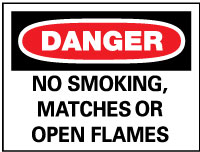 Accident Prevention Sign: Rectangle, DANGER, NO SMOKING MATCHES OR OPEN FLAMES - Plastic, Wall, 10" High, 14" Wide