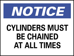 Accident Prevention Sign: Rectangle, "Notice, CYLINDERS MUST BE CHAINED AT ALL TIMES"
