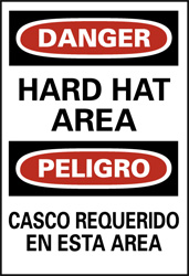 Accident Prevention Sign: Rectangle, "Danger, HARD HAT AREA CASCO REQUERIDO EN ESTA ÃREA"