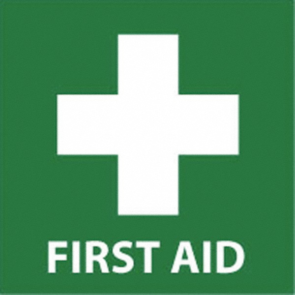 First Aid Sign: Square, First Aid - Vinyl, Adhesive-Backed, 7" High, 7" Wide