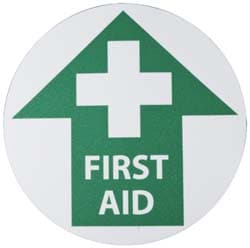 First Aid Adhesive Backed Floor Sign: Round, Vinyl, ''First Aid''