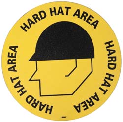 Accident Prevention Adhesive Backed Floor Sign: Round, Vinyl, ''HARD HAT AREA''