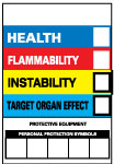 Chemical & Hazardous Material Sign: Rectangle, HEALTH FLAMMABILITY INSTABILITY TARGET ORGAN EFFECT PROTECTIVE EQUIPMENT PERSONAL PROTECTION SYMBOLS - Vinyl, Adhesive-Backed, 6" High, 4" Wide