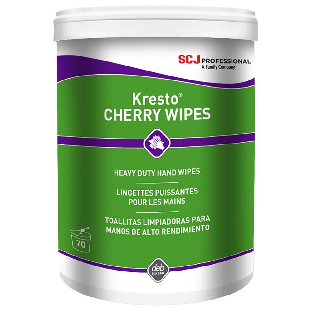 Kresto Cherry Heavy Duty Hand Wipes, Pre-Moistened, Center Pull Canister, Cherry Scent, Red - 70 Sheets/Canister