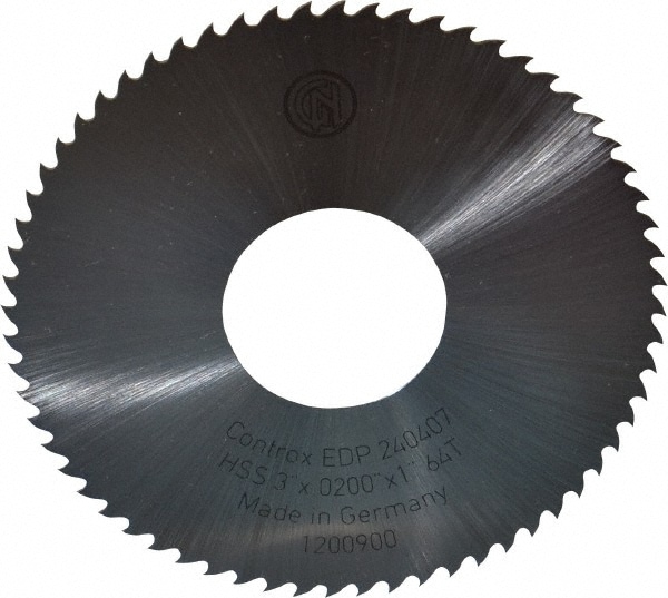 Controx 12600760500001 Slitting & Slotting Saw: 3" Dia, 0.02" Thick, 1" Arbor Hole, 64 Teeth, High Speed Steel 