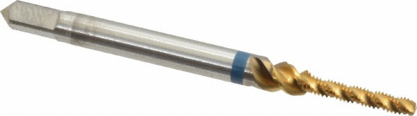 Spiral Flute Tap: M2 x 0.40, Metric Coarse, 3 Flute, Modified Bottoming, 6H Class of Fit, Powdered Metal, TiN Finish