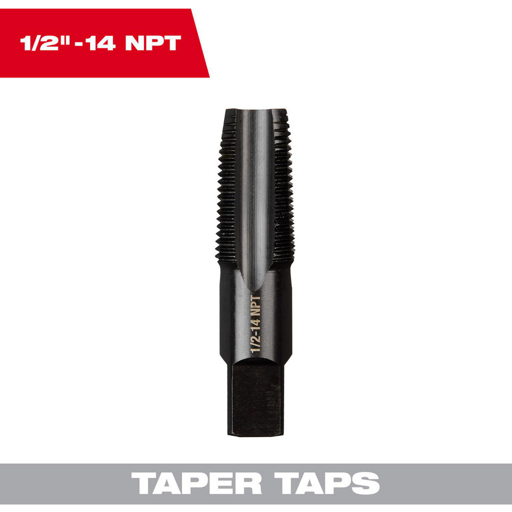 Milwaukee Tool | Milwaukee Standard Pipe Tap: 1/2-14, NPT, Taper Chamfer, 4 Flute, High-Carbon Steel, Black Oxide Finish - 0.3750" Thread Length
