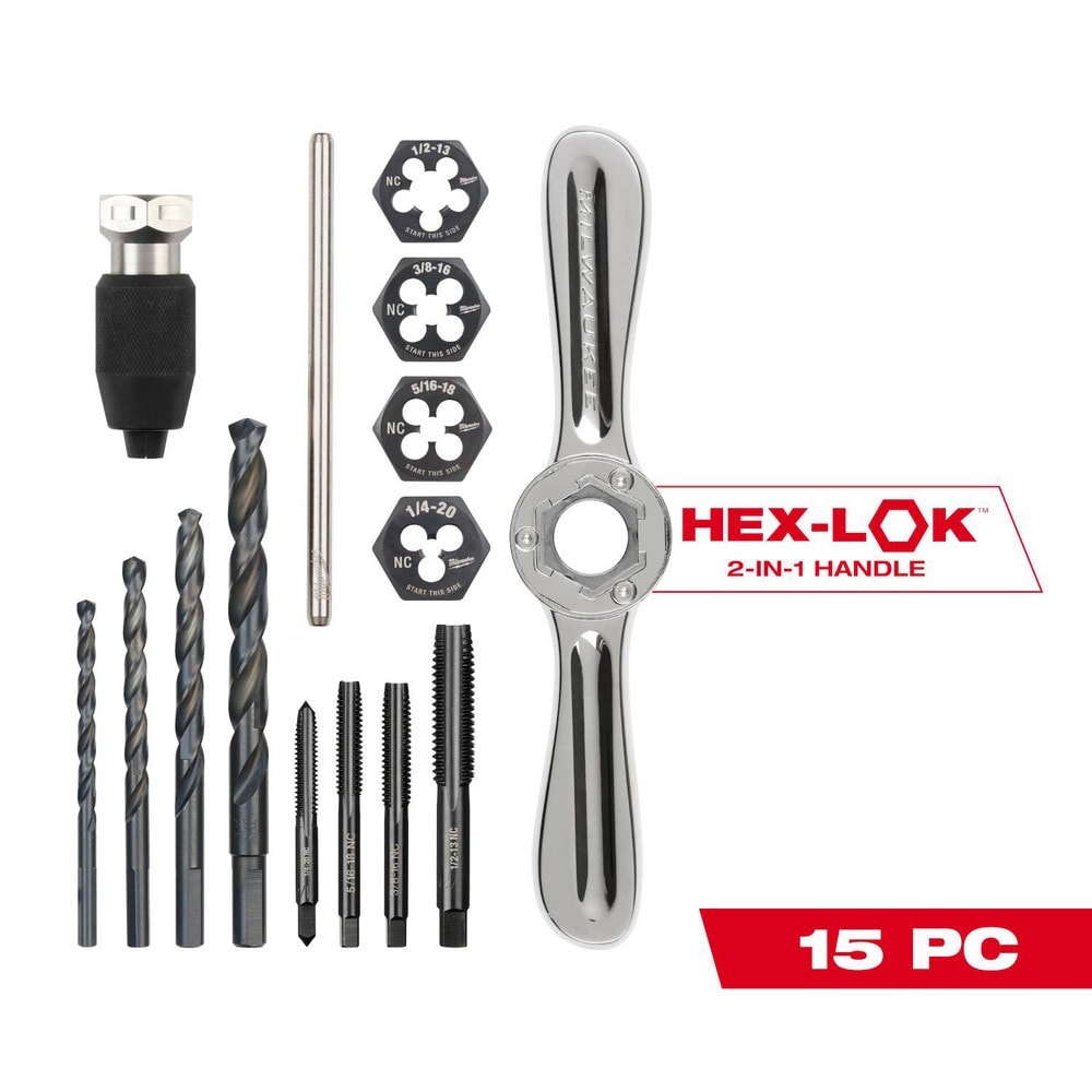 Tap, Die & Drill Sets; Minimum Tap Thread Size: 1/4"-20 ; Maximum Tap Thread Size: 1/2-13 ; Minimum Die Thread Size: 1/4"-20 ; Maximum Die Thread Size: 1/2"-13 ; Minimum Drill Size: 5/16 ; Maximum Drill Size: 27/64