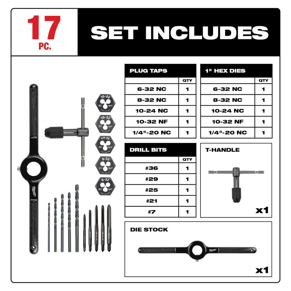 Milwaukee Tool - Tap, Die & Drill Sets: Minimum Tap Thread Size: 6-32 ...