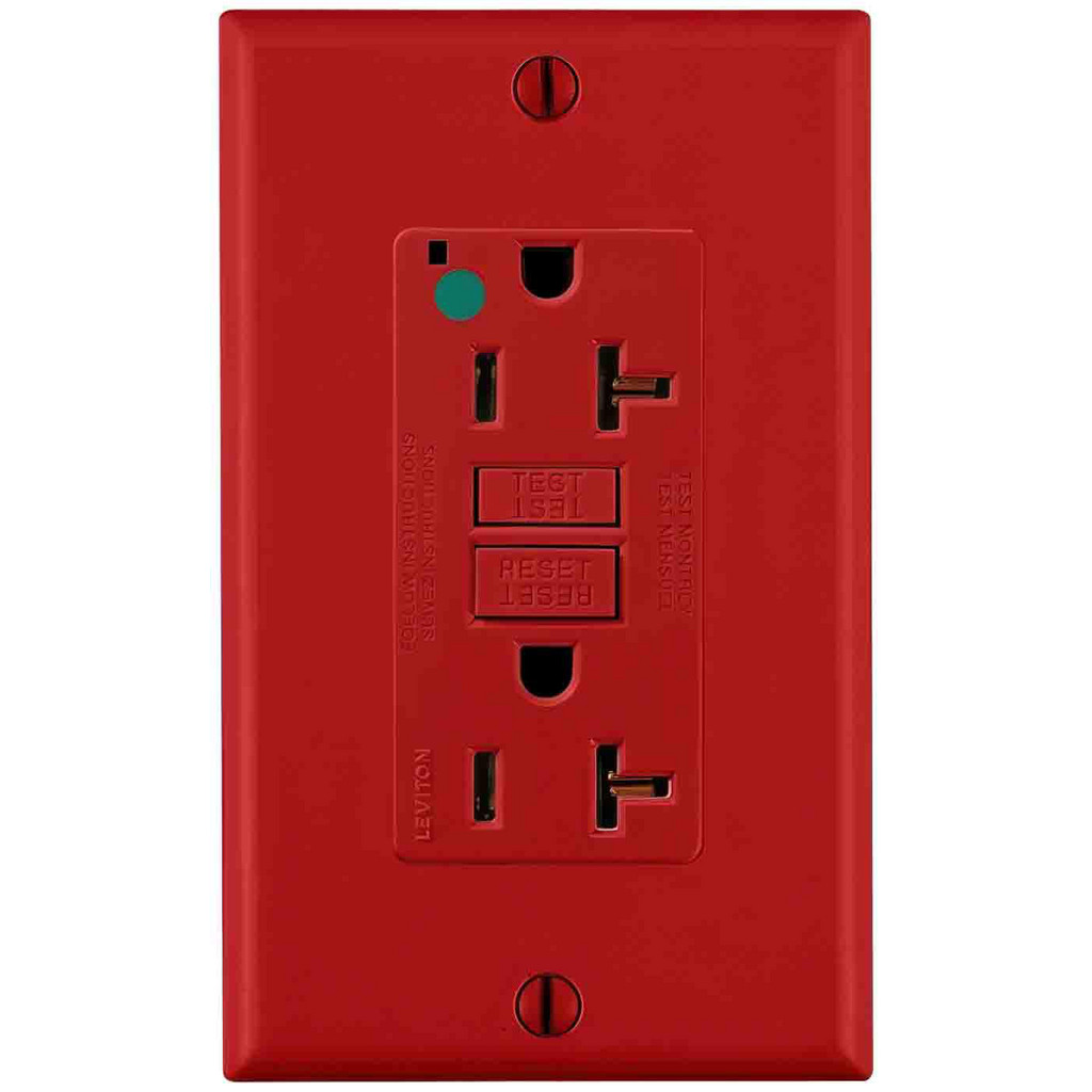 Leviton GFCI Receptacles; Grade: Hospital; Color: Red; NEMA Configuration: 5-20R; Amperage: 20; Reset Type: Manual; Voltage: 125 VAC; Wiring Method: