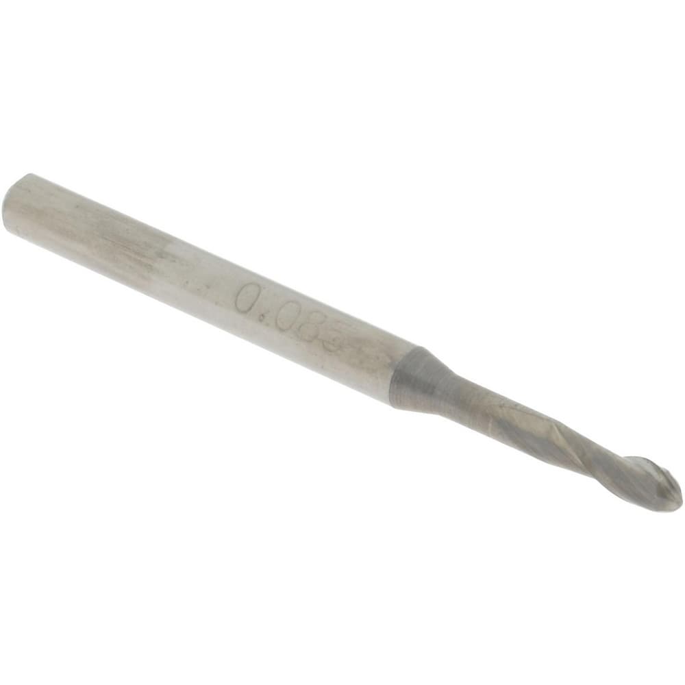 Ball End Mill: 0.0850" Dia, 0.2550" LOC, 2 Flute, Solid Carbide