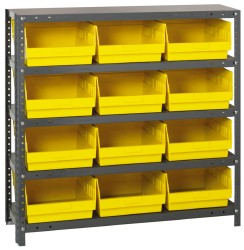 12 Bin Store-More Shelf Bin System - 36 Inch Overall Width x 12 Inch Overall Depth x 39 Inch Overall Height, Yellow Polypropylene Bins