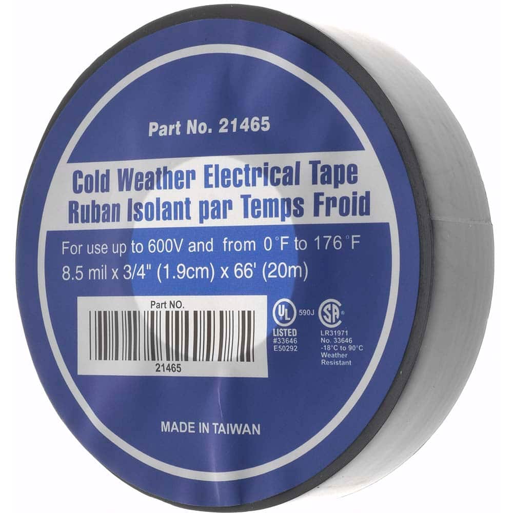 Electrical Tape: 3/4" Wide, 66' Long, 0.0001 mil Thick, Black