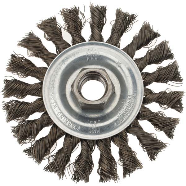 Wheel Brush: 4" Wheel Dia, 3/8" Face Width, 0.0140" Wire Dia, Knotted - 5/8-11" Hole, Carbon Steel, 20000 RPM
