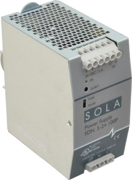 Sola/Hevi-Duty SDN5-24-100P 120 Watt, 5 Amp, 230 VAC Input, 24 VDC Output, DIN Rail Power Supply 
