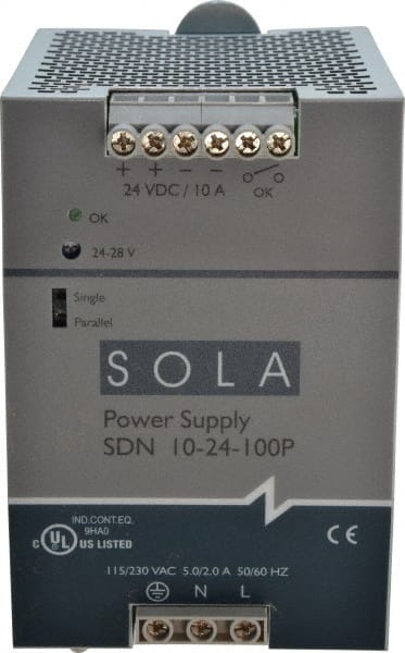 Sola/Hevi-Duty SDN10-24-100P 240 Watt, 10 Amp, 230 VAC Input, 24 VDC Output, DIN Rail Power Supply 