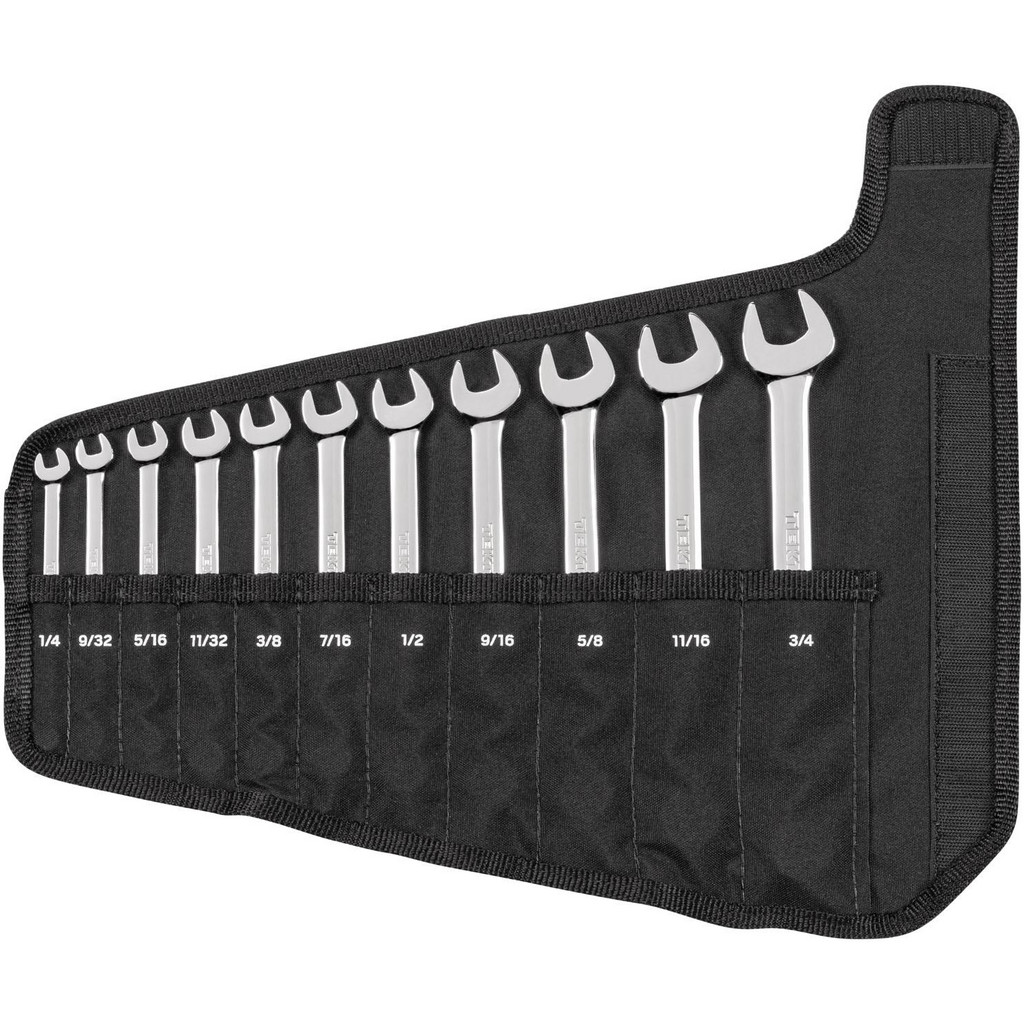Tekton Combination Wrench Set: 11 Pc, 1/4 in - 3/4 in Wrench, Inch - 15 deg Head Offset Angle, Polished Chrome Finish | Part #WCB94101
