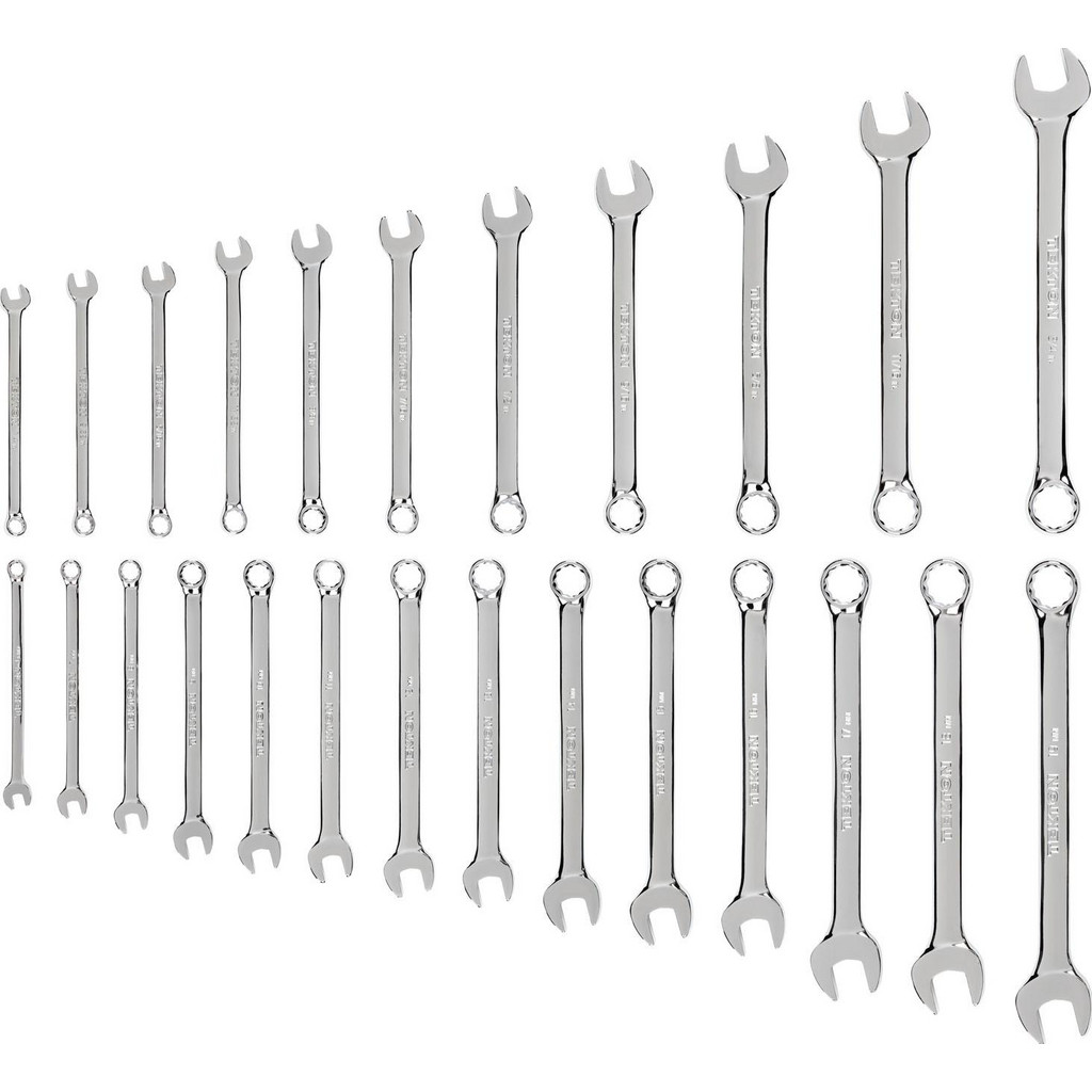 Tekton Combination Wrench Set: 25 Pc, 6 mm - 19 mm Wrench, Inch & Metric - 15 deg Head Offset Angle, Polished Chrome Finish | Part #WCB90305