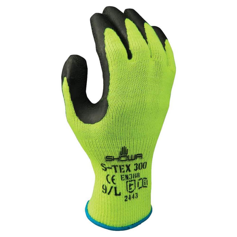 Showa Atlas Work Gloves: Medium, Latex-Coated POLYESTER, General Purpose - Black & Yellow, Stainless Steel Lined, Rough Grip, High Visibility FDA 300M-08