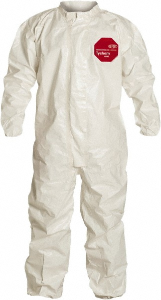 Disposable Coveralls: Chemical & Abrasion Protection, Size 2X-Large, 3.6000 oz, Tychem 4000 SL127TWH - Zipper & Stormflaps Closure,  White,  Taped Seam, Elastic Cuff, Elastic Ankle