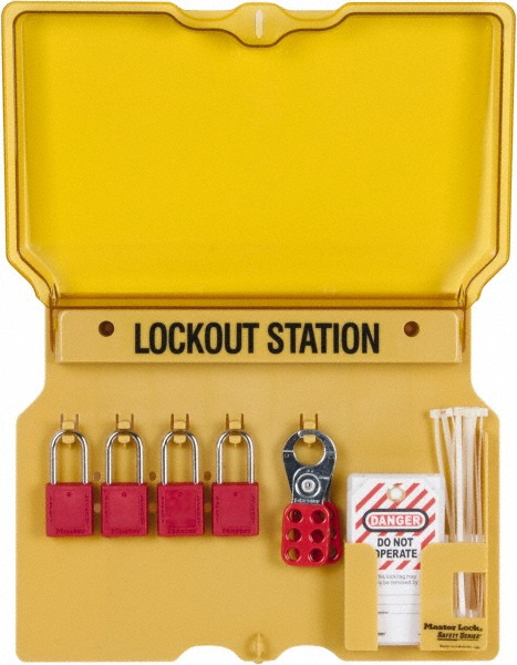 Padlock Lockout Station: Equipped, 4 Max Locks, Polycarbonate Station - Includes: (12) Tags, (2) Hasps, (4) Padlocks & Board
