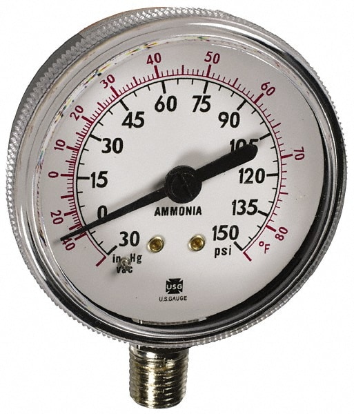 Pressure Gauge: 2-1/2" Dial, 1/4" Thread, Lower Mount