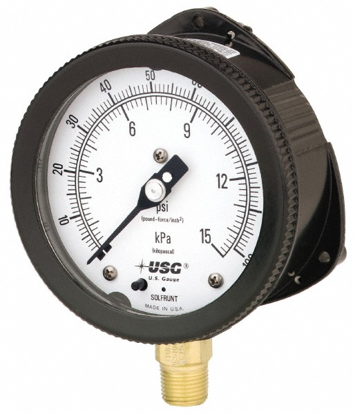 Pressure Gauge: 6" Dial, 1/2" Thread, Lower Mount - Thermoplastic Case, 0.5% of Scale Accuracy