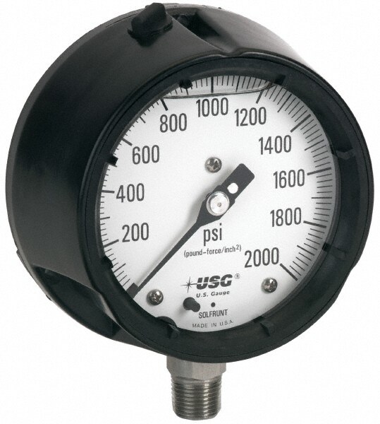 Pressure Gauge: 4-1/2" Dial, 0 to 30 psi, 1/2" Thread, NPT, Lower Mount