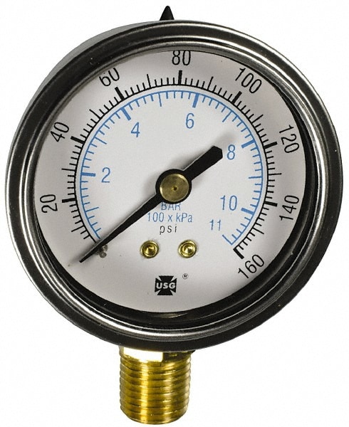 Pressure Gauge: 2" Dial, 0 to 60 psi, 1/4" Thread, NPT, Lower Mount