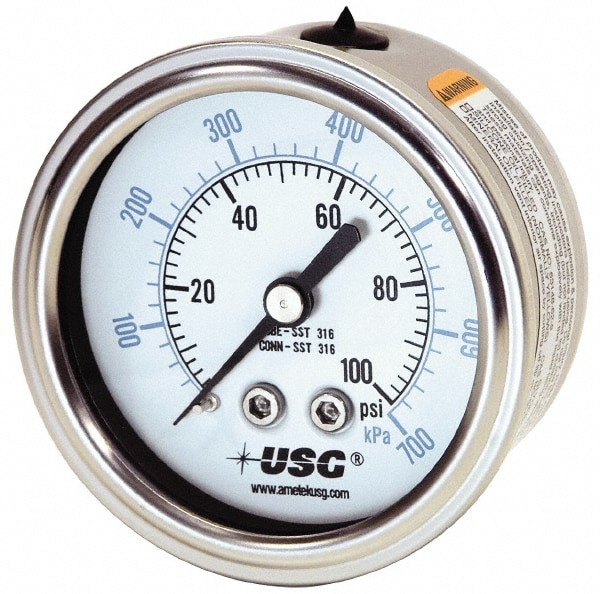 Pressure Gauge: 2" Dial, 0 to 30 psi, 1/4" Thread, NPT, Center Back Mount