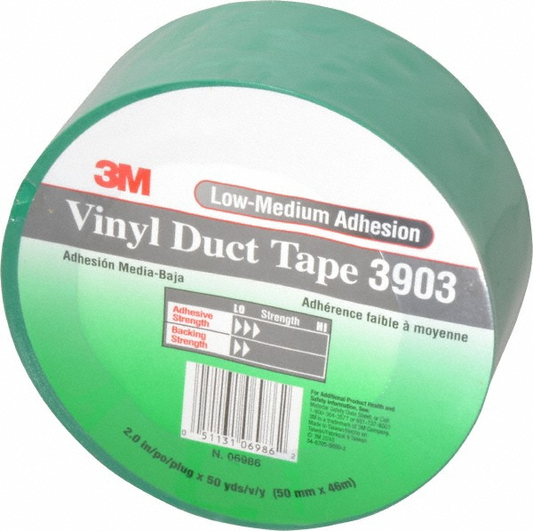 Duct Tape: 2" Wide, 50 yd Long, 6.5 mil Thick, Vinyl - Rubber Adhesive, 12 lb/in, Green, Series 3903