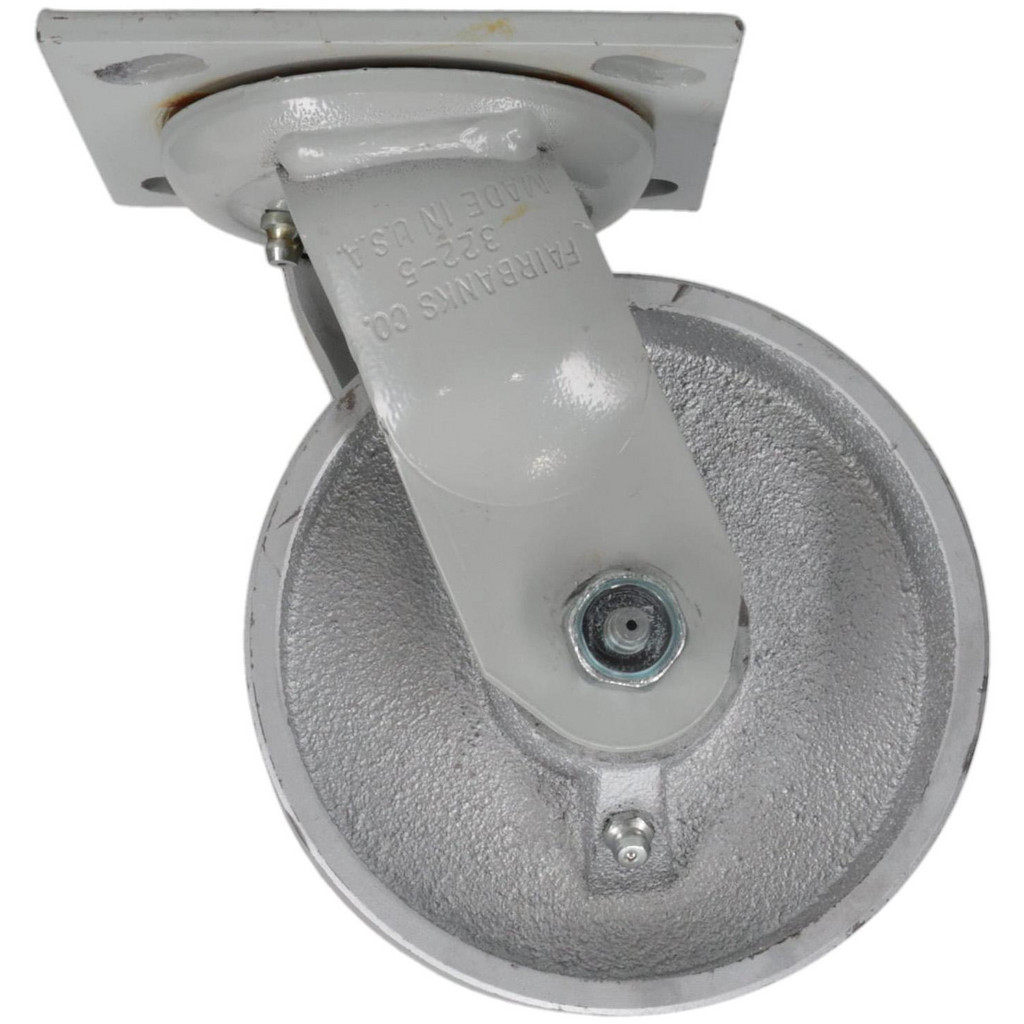 Fairbanks Swivel Top Plate Caster: Semi-Steel, 1,000 lb, 5" Dia, 2" Wide, 6-1/2" OAH - 4 x 4-1/2" Plate, 2-5/8 x 3-5/8 Slotted to 3 x 3" Bolt Hole