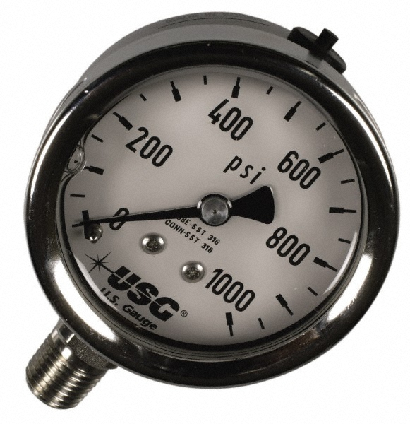 Pressure Gauge: 2-1/2" Dial, 1/4" Thread, Lower Mount - 1.6% of Scale Accuracy