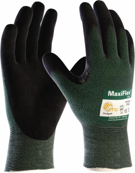 Cut, Puncture & Abrasion-Resistant Gloves: ATG 34-8743, Cut A2, Puncture 1, Abrasion 3, 15 ga, Size X-Large - Engineered Yarn, Nitrile-Coated, Palm & Fingers Coating, MicroFoam Grip, Black on Green Pair