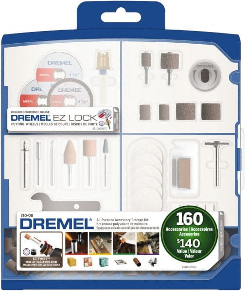 Dremel Rotary Tool Accessory Kit- 710-08- 160- EZ Lock Technology- 1/8 inch  Shank- Cutting Bits, Polishing Wheel And Compound, Sanding Disc And Drum
