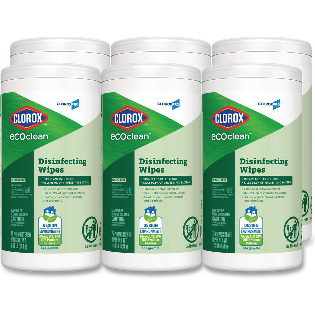 Clorox Clorox Disinfecting Wipes: Pre-Moistened, 75 Ct - Canister, 7.0000" Long, 8" Wide, White, Series Clorox ECOclean | Part #CLO60605CT