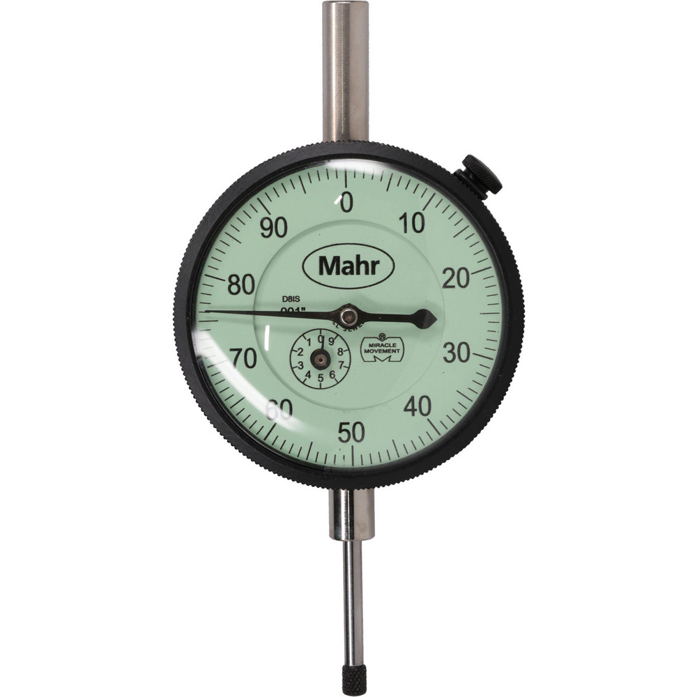 Dial Drop Indicator: 1.0000" Max Measurement, 0-100 Dial Reading, 0.001000" Accuracy - Green, 0.001000" Dial Graduation, 0.1000" per Revolution, Vertical Lug Back, Revolution Counter