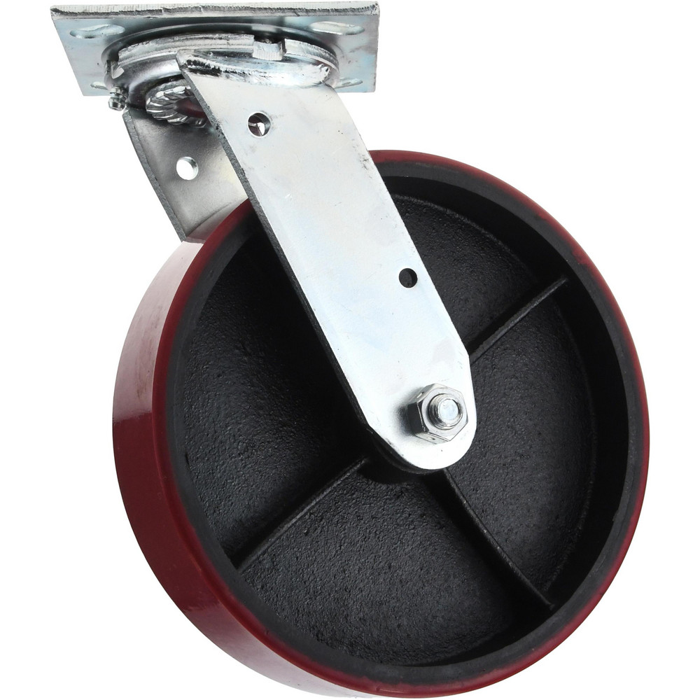 Swivel Top Plate Caster: Polyurethane, 8" Wheel Dia, 2" Wheel Width, 1,200 lb Capacity, 9-1/2" OAH - Polyurethane, 1,200 Lb Capacity, Roller Bearing, 4 x 4-1/2" Plate