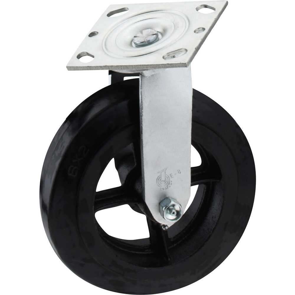 Swivel Top Plate Caster: Rubber, 8" Wheel Dia, 2" Wheel Width, 600 lb Capacity, 9-1/2" OAH - Rubber, 600 Lb Capacity, Roller Bearing, 4 x 4-1/2" Plate