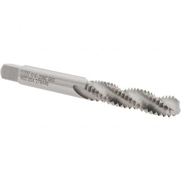 Union Butterfield 6007624 Spiral Flute Tap: 1/4-20, UNC, 3 Flute, Bottoming, 3B Class of Fit, High Speed Steel, Bright/Uncoated 