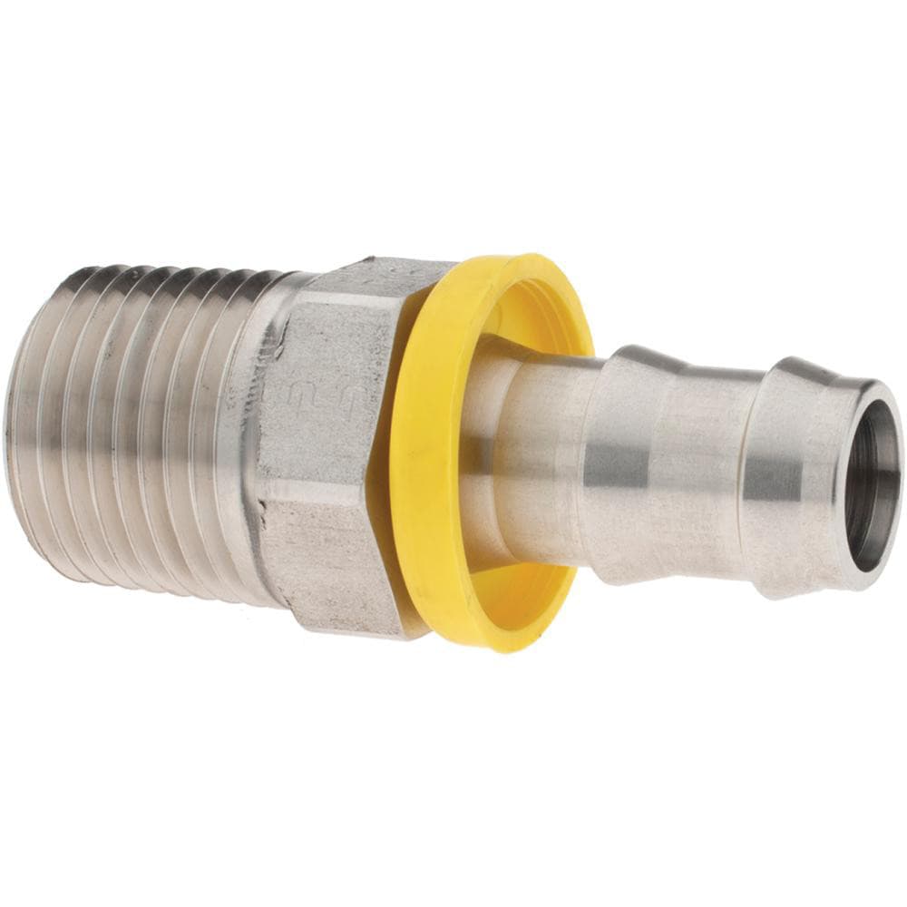 Barbed Push-On Hose Male Connector: 1/4-18 MNPTF, Stainless Steel, 1/4" Barb