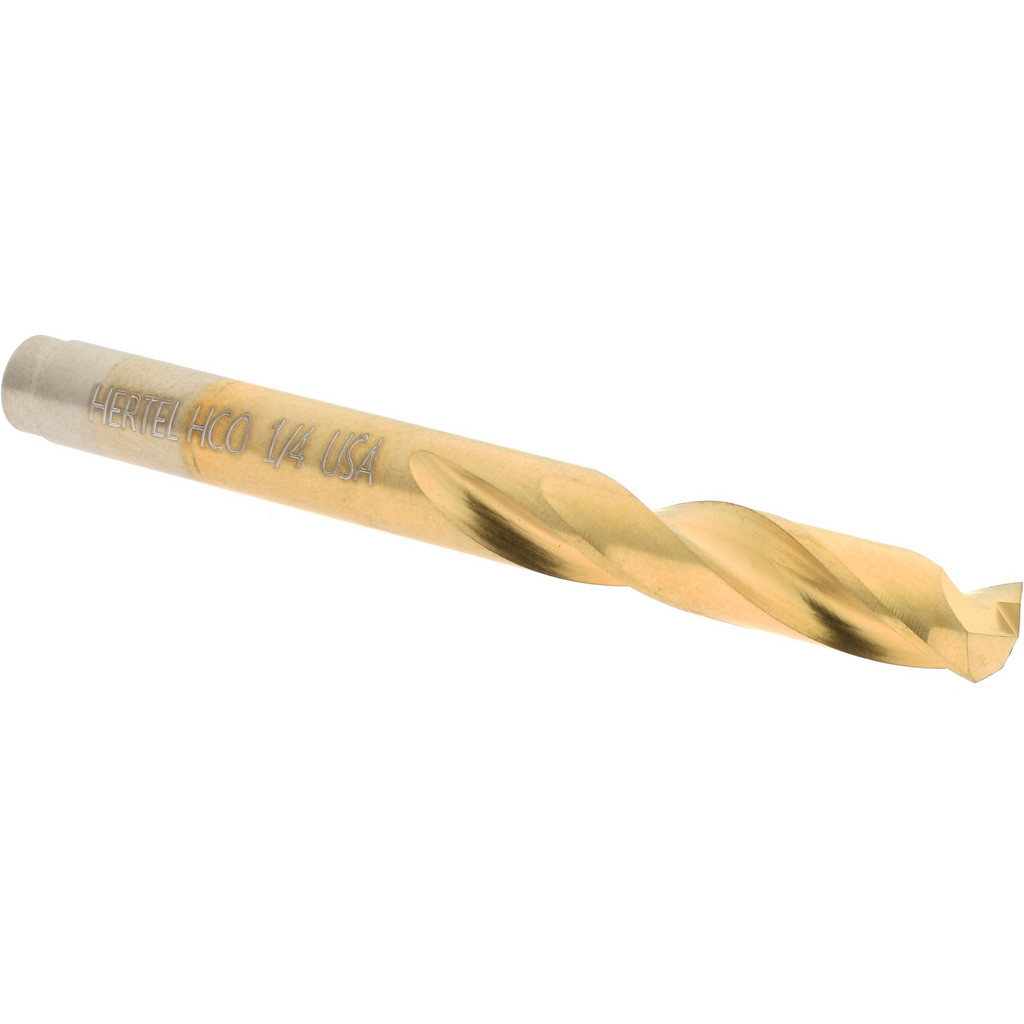 Hertel Letter E (1/4) 135° Spiral Flute Cobalt Screw Machine Drill Bit - TiN Finish, Right Hand Cut, 1-3/8" Flute Length, 2-1/2" OAL, Split Point